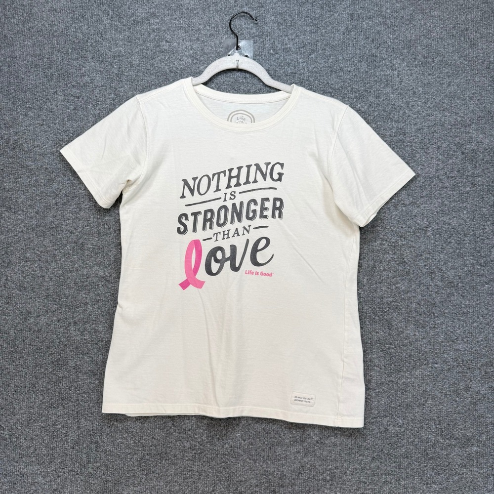 Life is Good Tshirt Women Small White Breast Cancer Awareness Love Graphic Tee